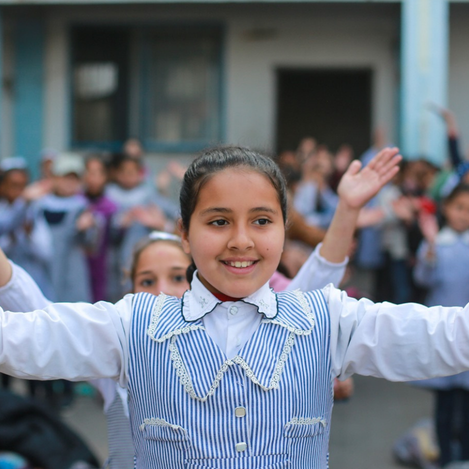 UNRWA education programme: Palestine Refugee child participating in school activity, supporting access to learning
